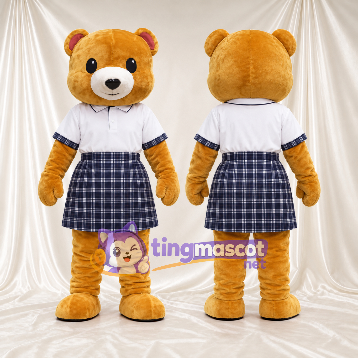 Golden Bear Mascot Costume - White Polo Shirt and Plaid Skirt Golden Bear Mascot Costume - White Polo Shirt and Plaid Skirt