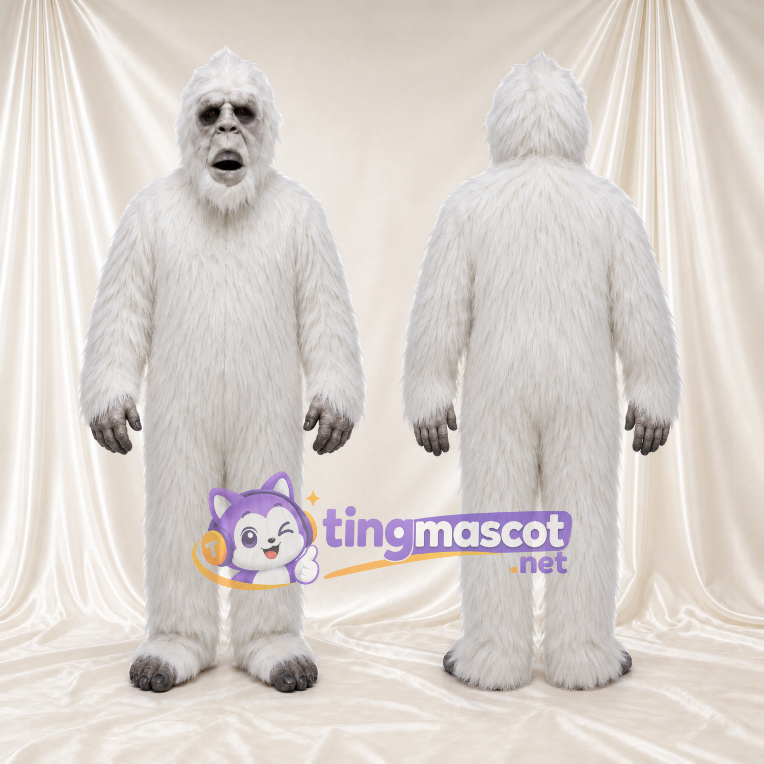 Costume de mascotte Yéti – blanc – Fourrure hirsute; Visage (gris) Costume de mascotte Yéti – blanc – Fourrure hirsute; Visage (gris)