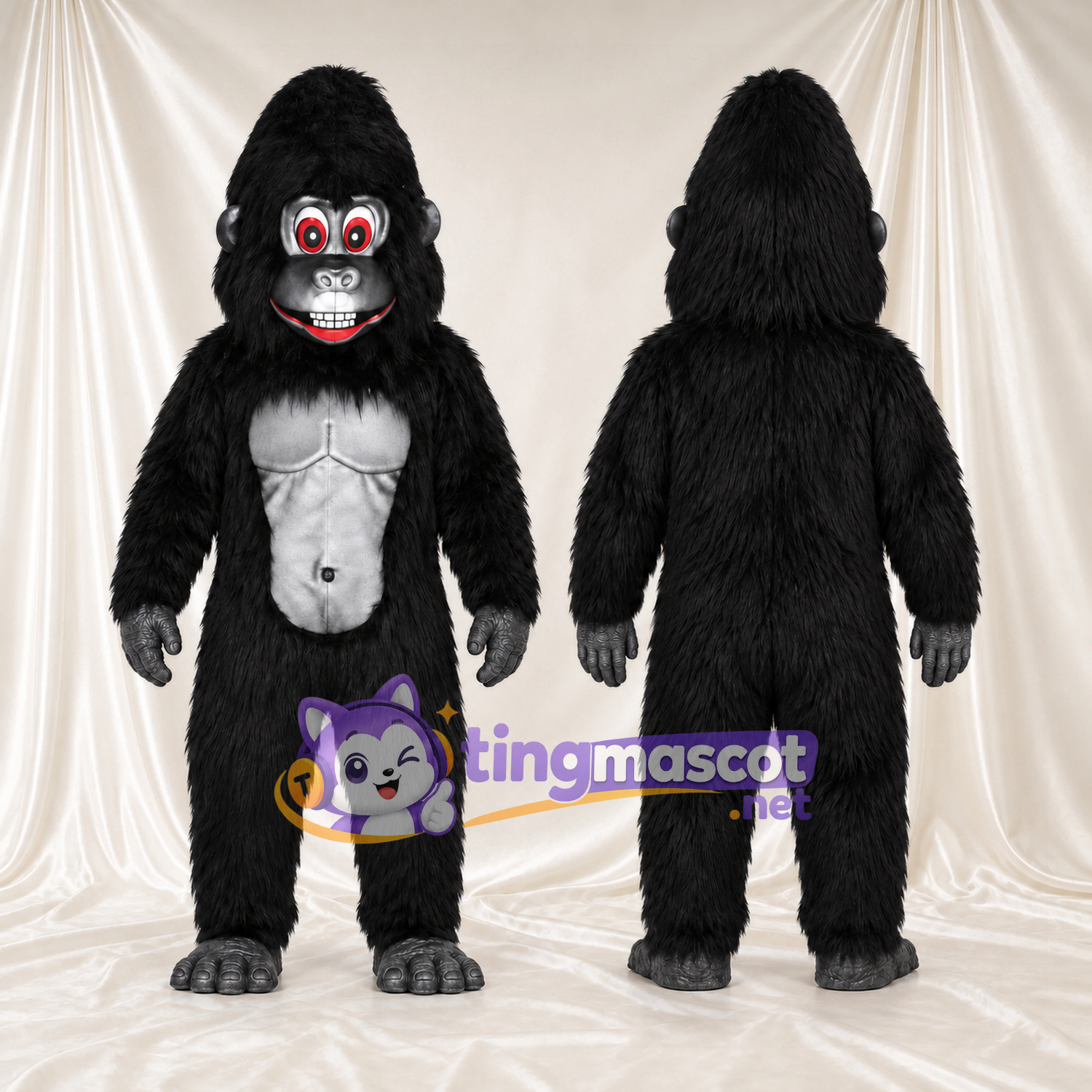 Costume de mascotte Gorille – noir – Torse (blanc); Yeux (rouge) Costume de mascotte Gorille – noir – Torse (blanc); Yeux (rouge)