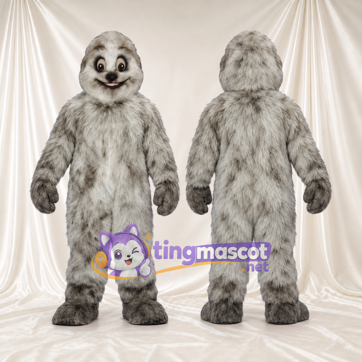 Gray Sloth Mascot Costume - Dark Eye Patches and Gentle Smile Gray Sloth Mascot Costume - Dark Eye Patches and Gentle Smile