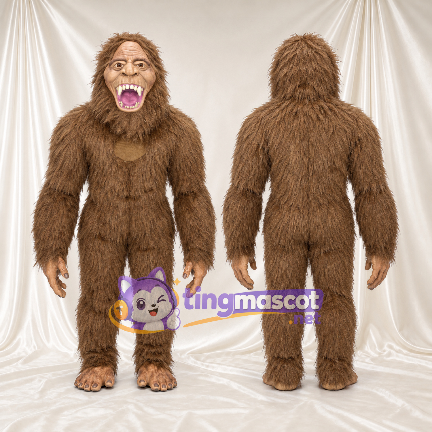 Costume de mascotte Bigfoot – marron – Fourrure hirsute; Bouche ouverte (large) Costume de mascotte Bigfoot – marron – Fourrure hirsute; Bouche ouverte (large)