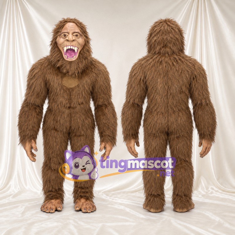 Costume de mascotte Bigfoot – marron – Fourrure hirsute; Bouche ouverte (large)