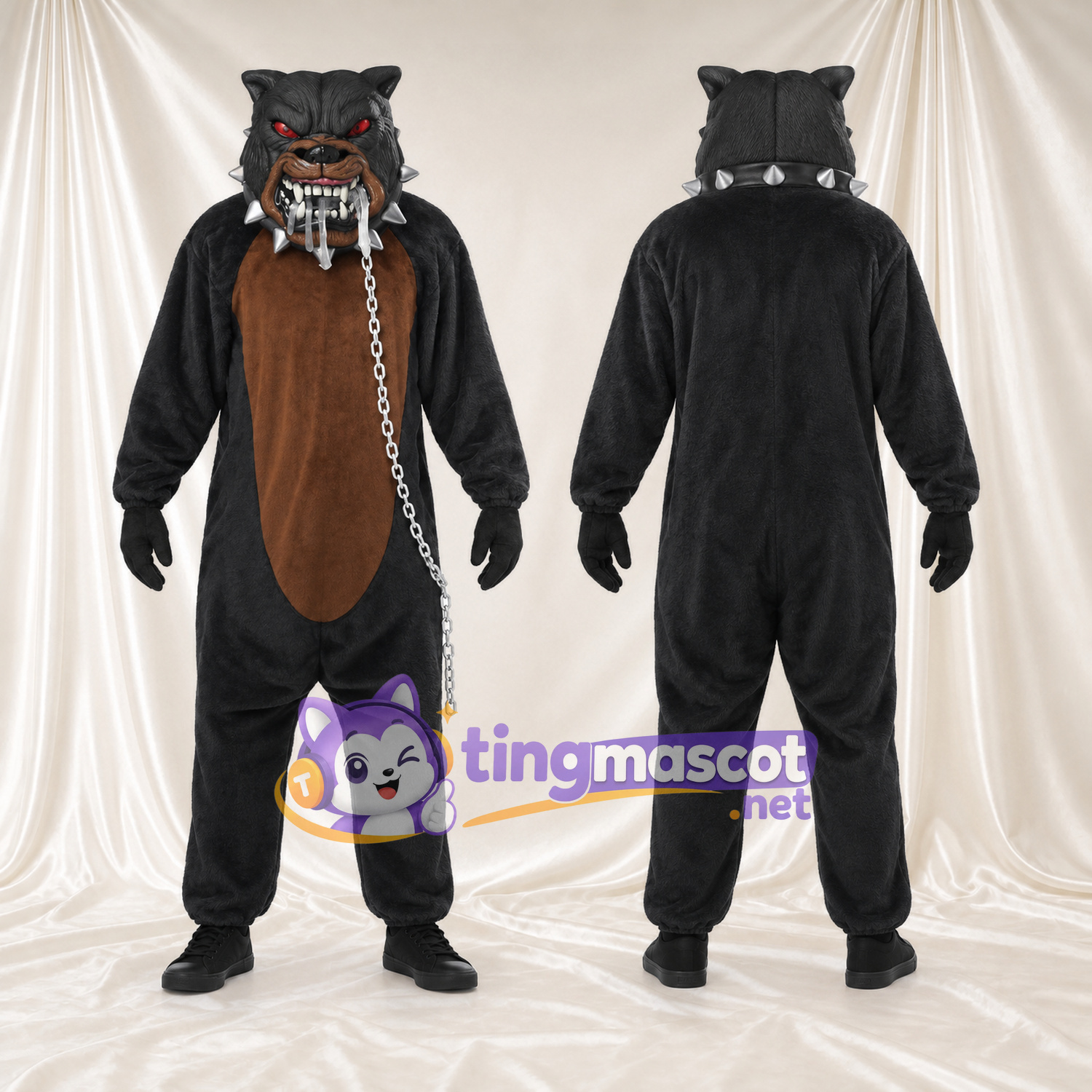 Costume de mascotte Loup – noir – Chaîne; Museau; Ventre (marron) Costume de mascotte Loup – noir – Chaîne; Museau; Ventre (marron)