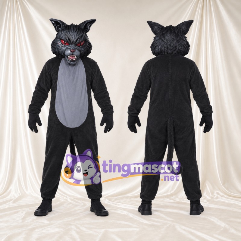 Costume de mascotte Chat – noir – Yeux (rouge); Ventre (gris)