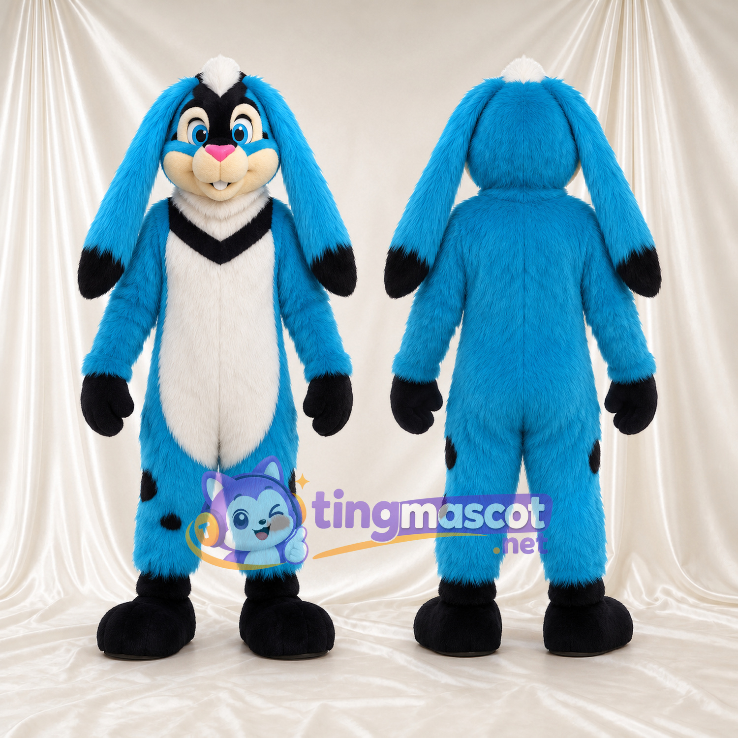 Blue Rabbit Mascot Costume - Long Black-Tipped Ears and White Belly Blue Rabbit Mascot Costume - Long Black-Tipped Ears and White Belly