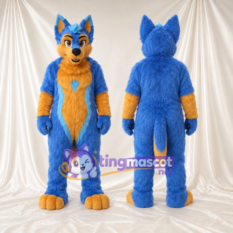 Costume de mascotte Loup – bleu – Torse (doré); Pattes (doré)