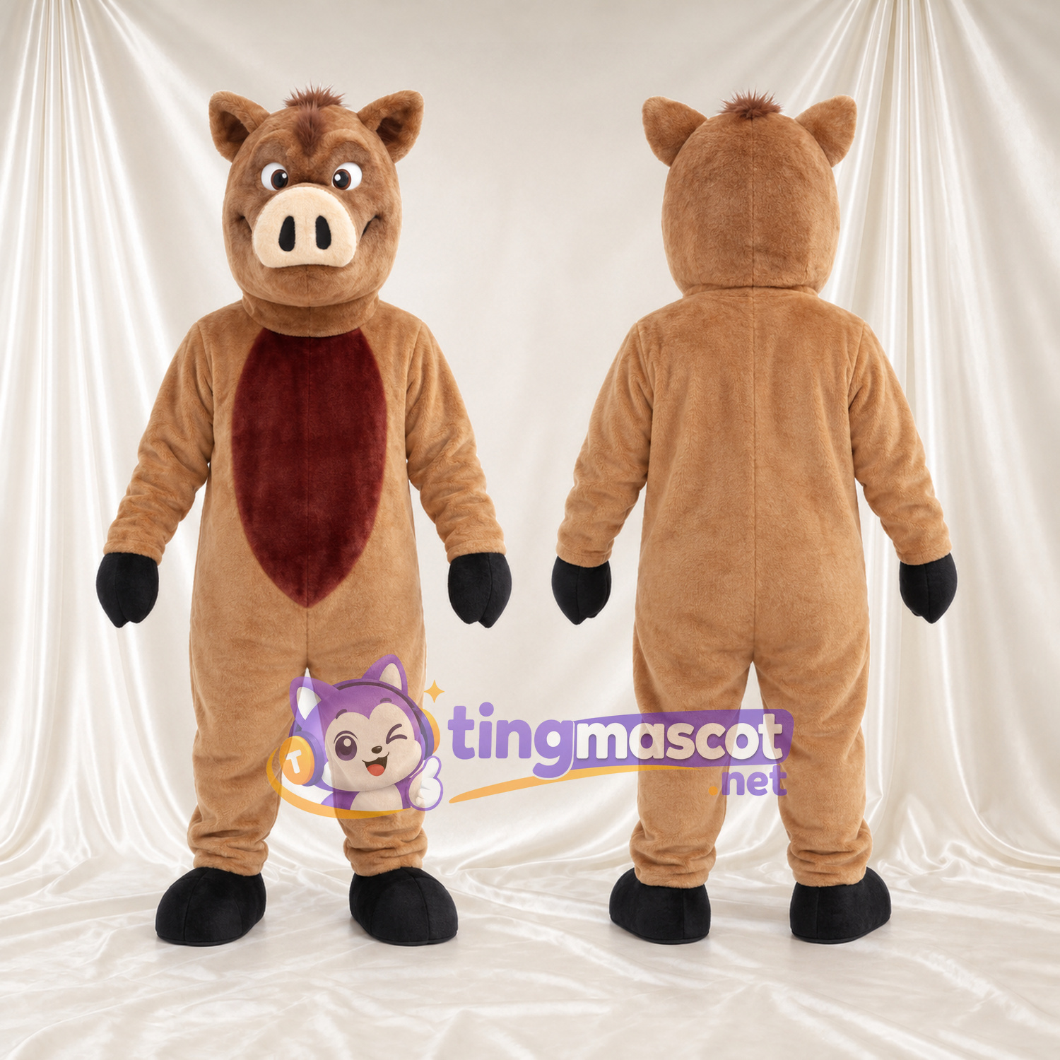 Maskottchenkostüm Wildschwein – braun – Bauch (bordeauxrot); Schnauze (creme) Maskottchenkostüm Wildschwein – braun – Bauch (bordeauxrot); Schnauze (creme)