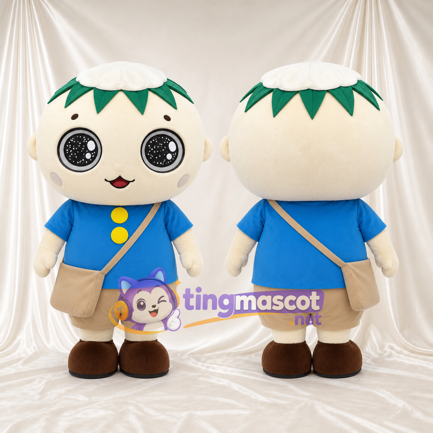Costume de mascotte Personnage rond – blanc – Feuille (vert); Couronne; Chemise (bleu) Costume de mascotte Personnage rond – blanc – Feuille (vert); Couronne; Chemise (bleu)