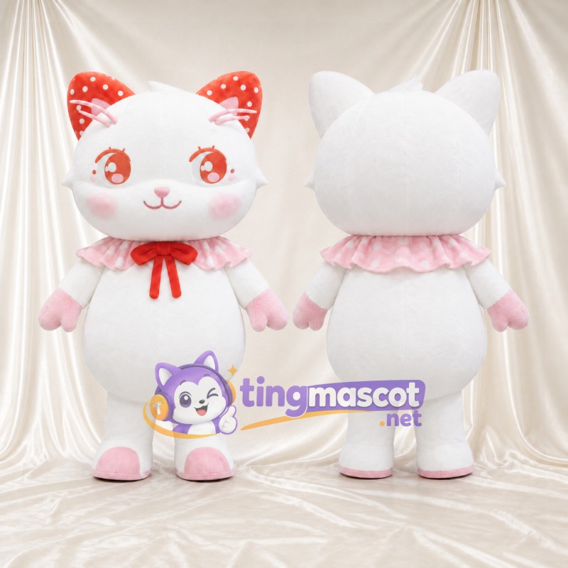 Costume de mascotte Chat – blanc – Nœud (rouge); Pattes (rose)