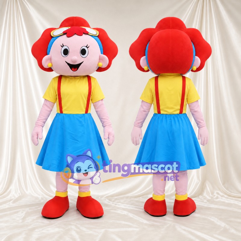 Costume de mascotte Fille – rouge – Lunettes de protection; Chemise (jaune); Jupe (bleu)