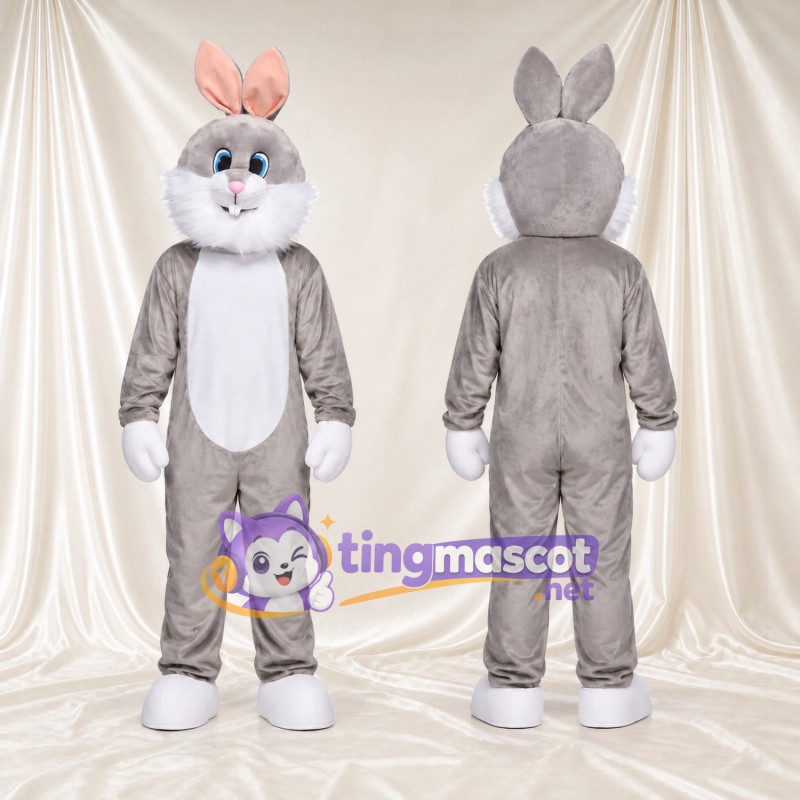 Costume de mascotte Lapin – gris – Joues (blanc); Oreille (rose); Nœud