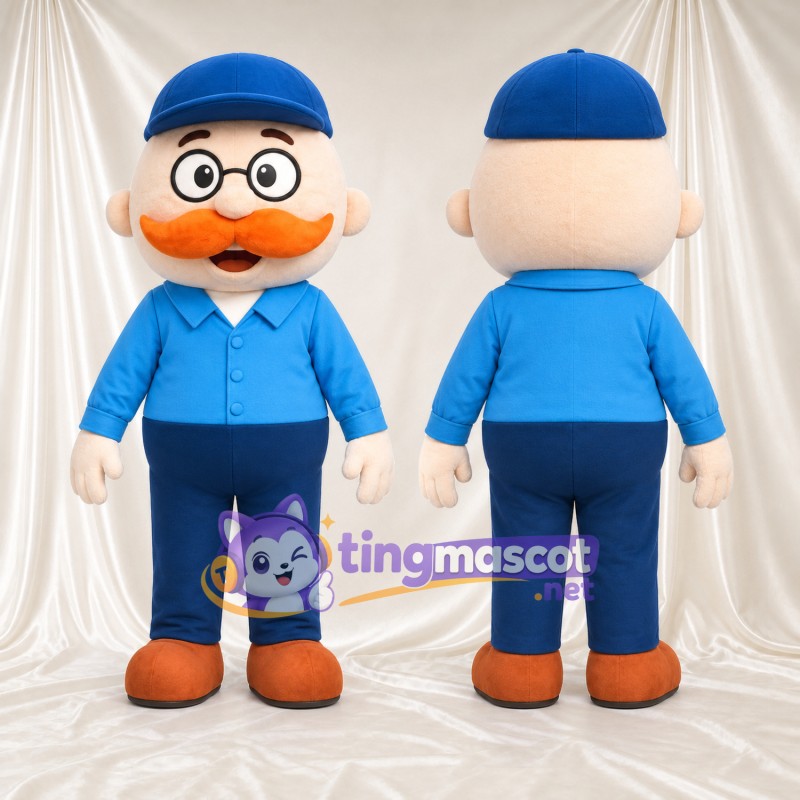 Maskottchenkostüm Mann mit Schnurrbart – wie abgebildet – Kappe (blau); Hemd (blau)