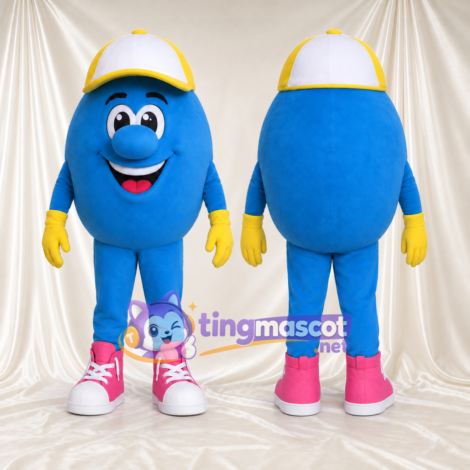 Costume de mascotte Personnage rond – bleu – Casquette (blanc); Baskets (rose) Costume de mascotte Personnage rond – bleu – Casquette (blanc); Baskets (rose)