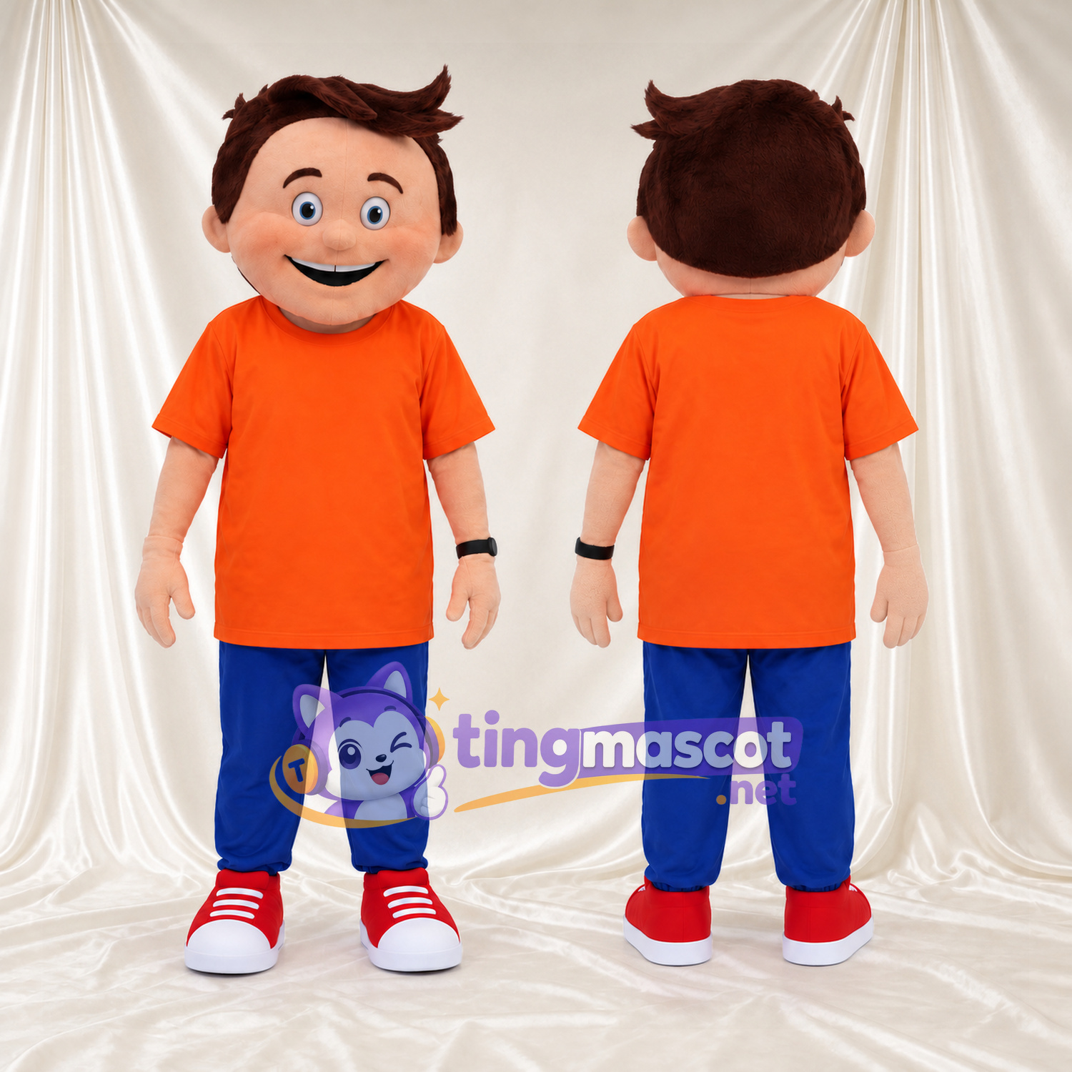Maskottchenkostüm Jungenfigur – wie abgebildet – Hemd (orange); Hose (blau) Maskottchenkostüm Jungenfigur – wie abgebildet – Hemd (orange); Hose (blau)