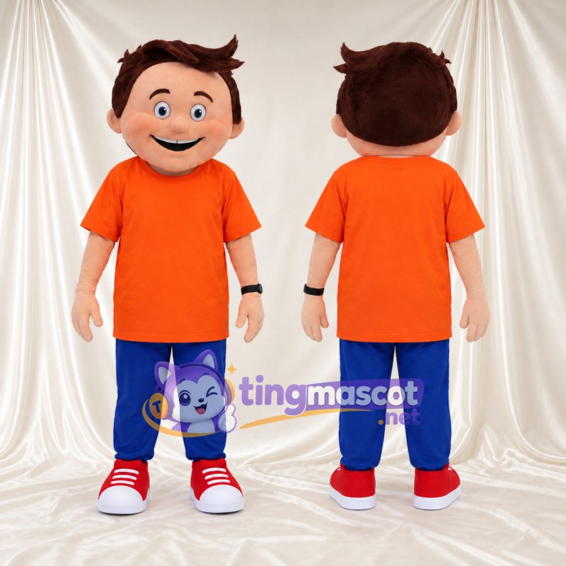 Maskottchenkostüm Jungenfigur – wie abgebildet – Hemd (orange); Hose (blau)
