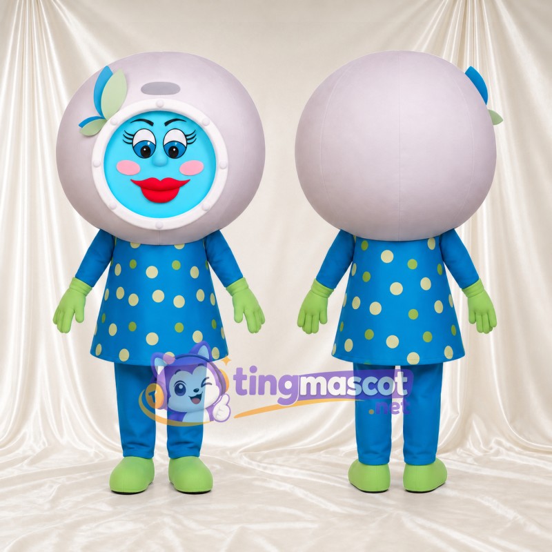 Maskottchenkostüm Mädchenfigur – wie abgebildet – Helm (rund); Kleid (blau, gepunktet)