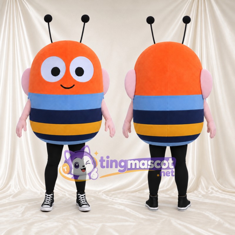Costume de mascotte Abeille – orange / bleu – Corps rayé; Antennes (noir)