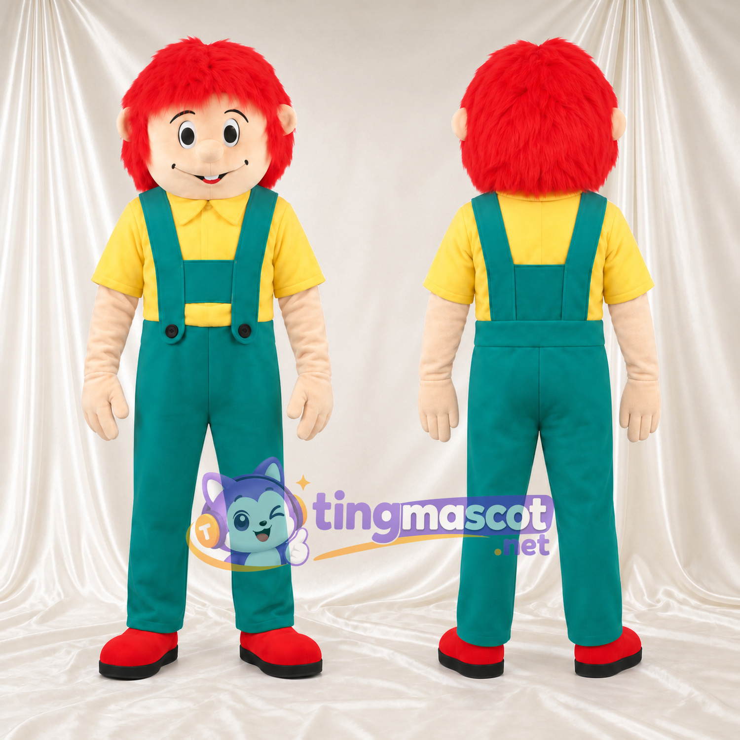 Costume de mascotte Garçon – rouge – Salopette (vert); Chemise (jaune) Costume de mascotte Garçon – rouge – Salopette (vert); Chemise (jaune)