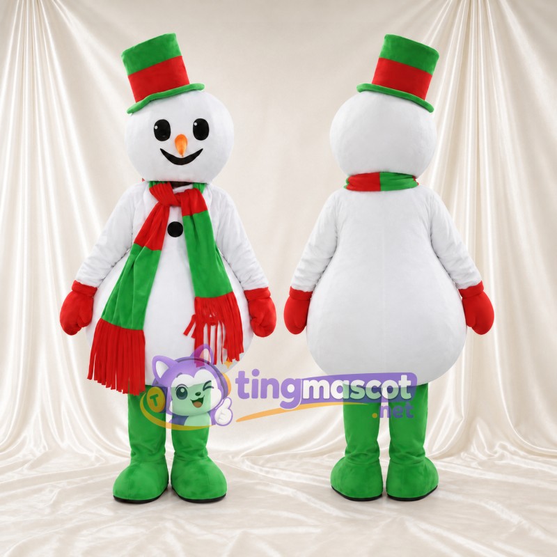 Maskottchenkostüm Schneemann – wie abgebildet – Hut (grün); Schal (rot, grün)