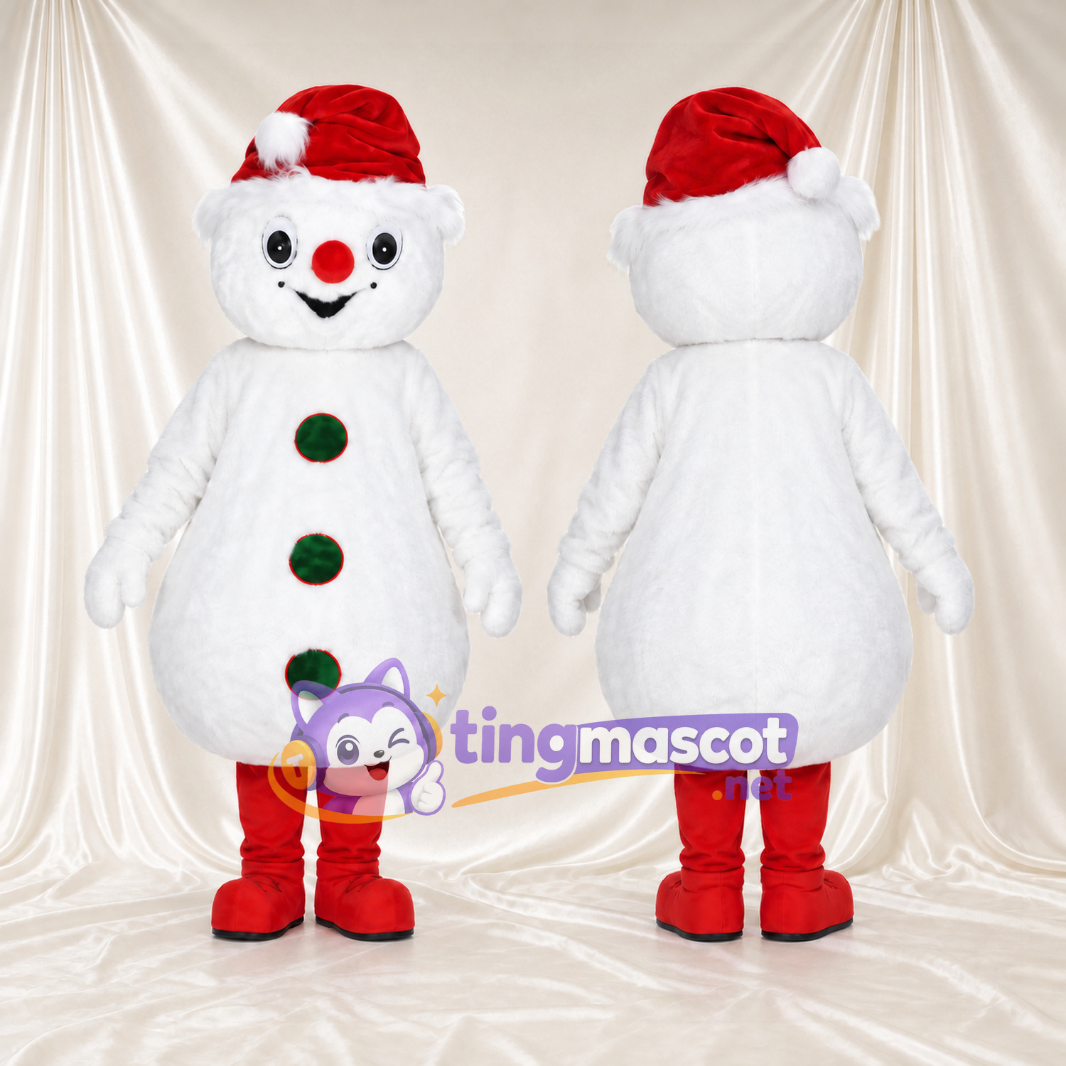 Costume de mascotte Bonhomme de neige – selon la photo – Bonnet de Noël (rouge); Boutons (vert) Costume de mascotte Bonhomme de neige – selon la photo – Bonnet de Noël (rouge); Boutons (vert)