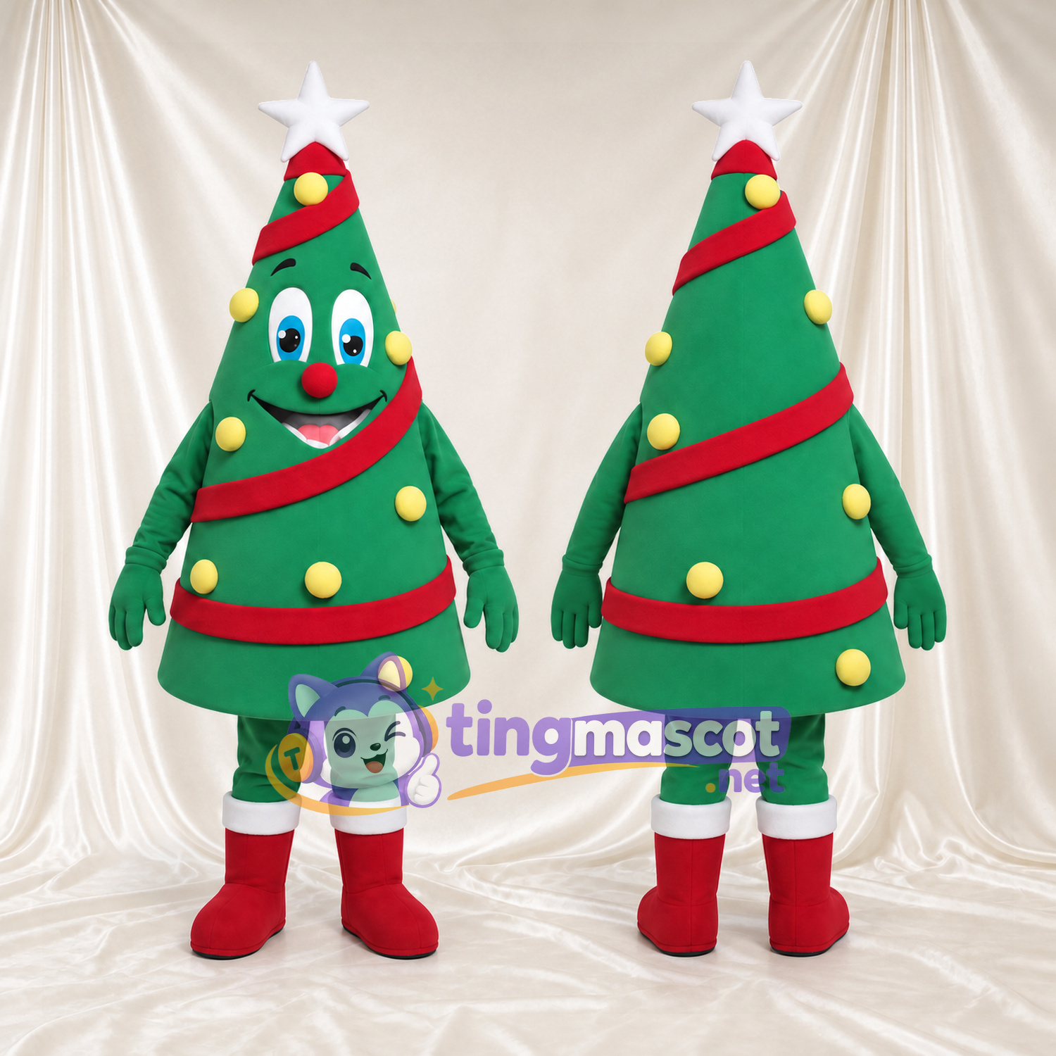 Christmas Tree Mascot Costume - White Star and Red Garland Christmas Tree Mascot Costume - White Star and Red Garland