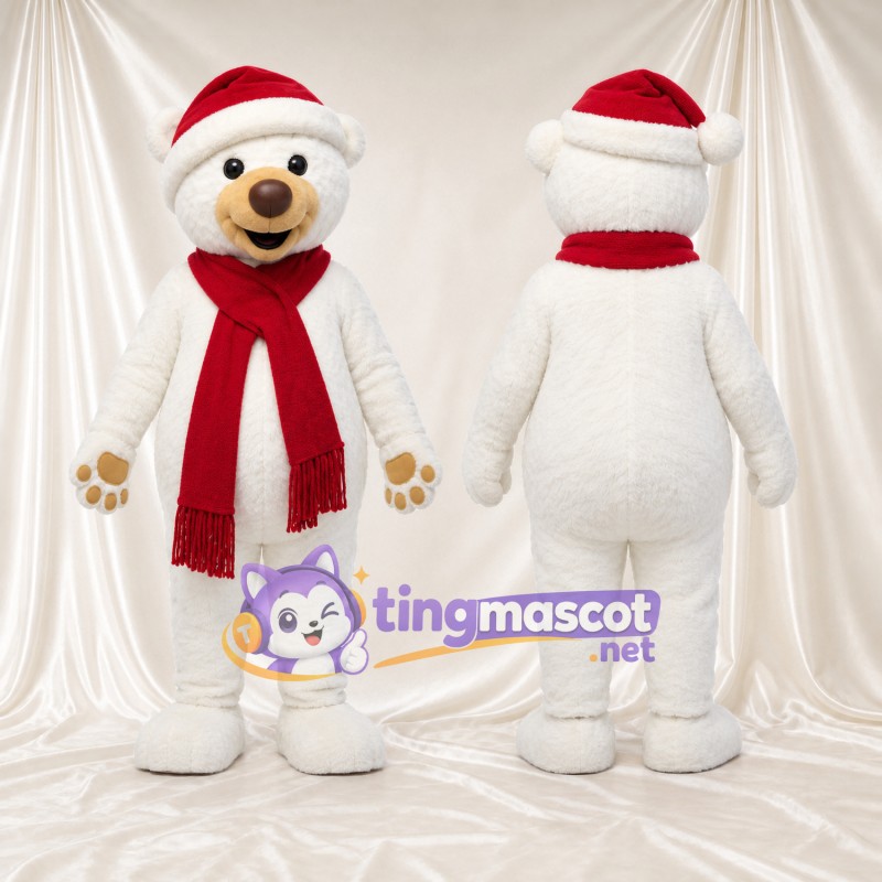 Maskottchenkostüm Bär – weiß – Weihnachtsmütze; Schal (lang, rot)