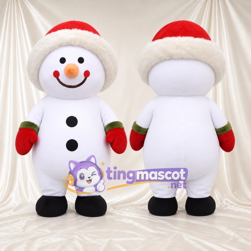 Maskottchenkostüm Schneemann – wie abgebildet – Fäustlinge (rot); Weihnachtsmütze