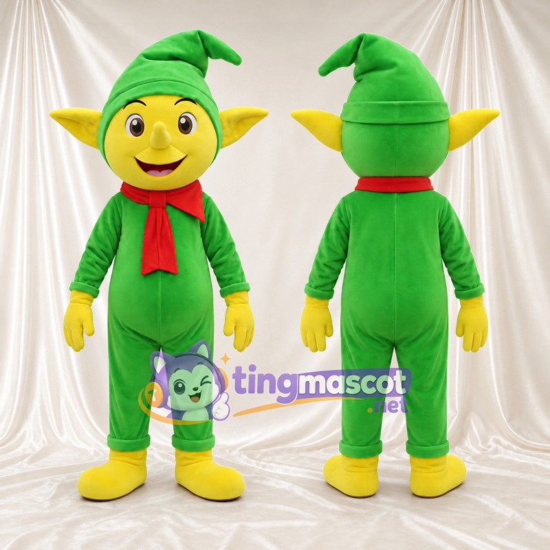 Yellow Elf Character Mascot Costume - Green Outfit and Red Scarf