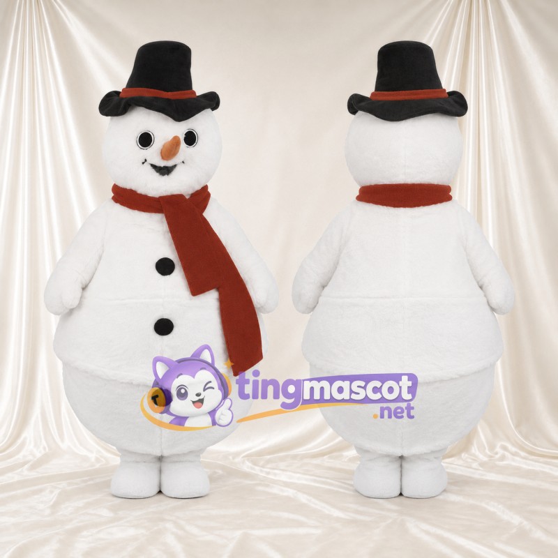 Snowman Mascot Costume - Black Top Hat and Brown Scarf