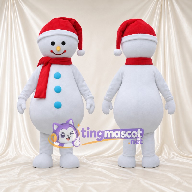 Costume de mascotte Bonhomme de neige – selon la photo – Boutons (bleu); Bonnet de Noël (rouge)