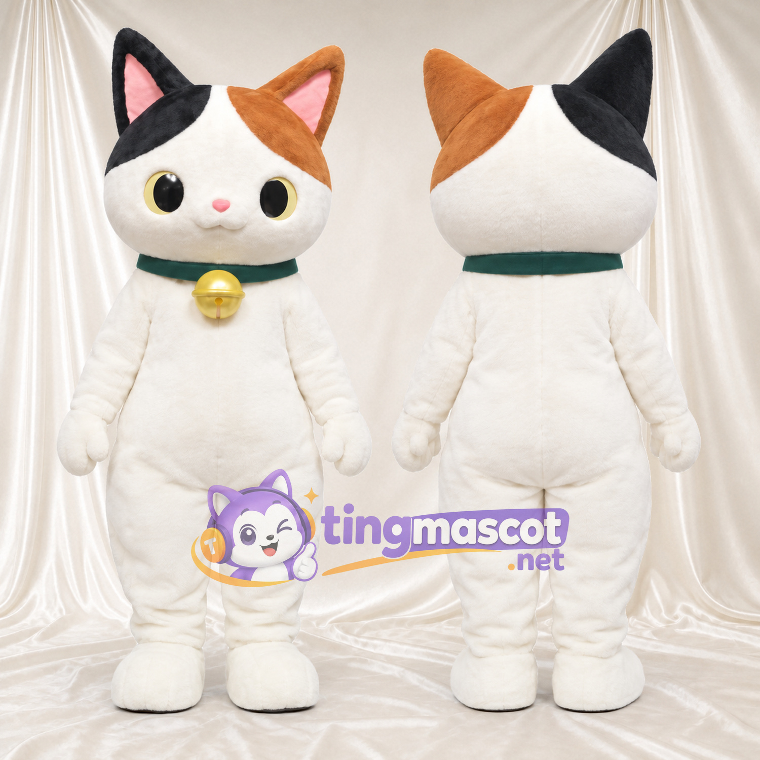 White Calico Cat Mascot Costume - Green Collar and Gold Bell White Calico Cat Mascot Costume - Green Collar and Gold Bell