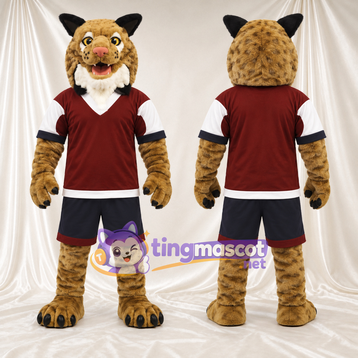 Costume de mascotte Lynx – brun clair – Maillot de sport (bordeaux); Short (noir) Costume de mascotte Lynx – brun clair – Maillot de sport (bordeaux); Short (noir)
