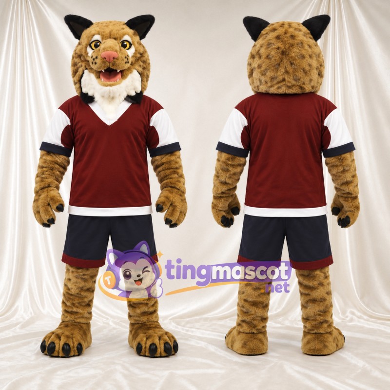 Costume de mascotte Lynx – brun clair – Maillot de sport (bordeaux); Short (noir)