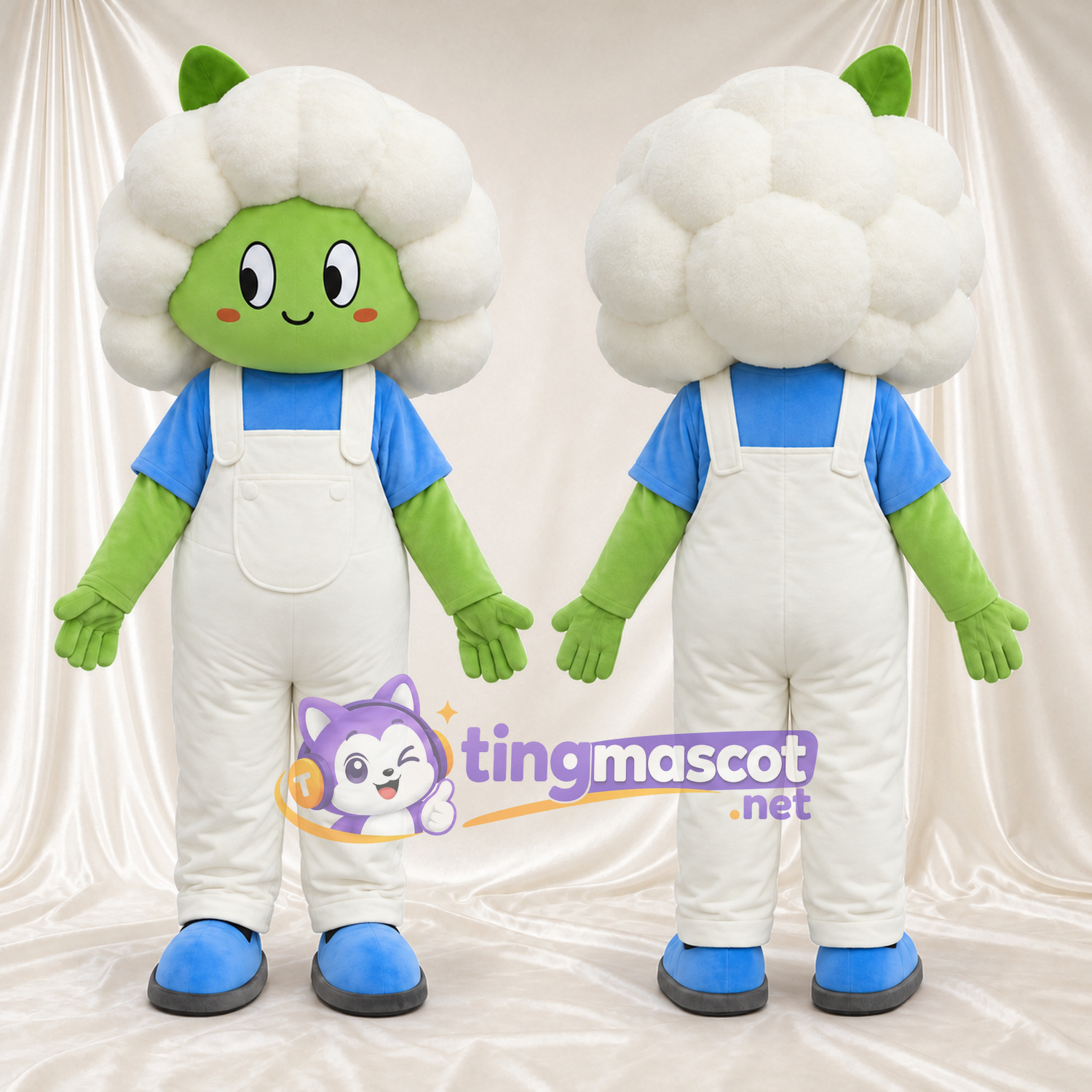 Costume de mascotte Chou-fleur – selon la photo – Salopette (blanc); Chemise (bleu) Costume de mascotte Chou-fleur – selon la photo – Salopette (blanc); Chemise (bleu)