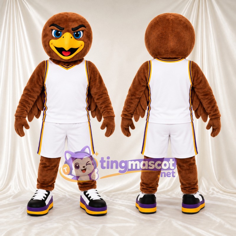 Costume de mascotte Faucon – marron – Tenue de basket (blanc)