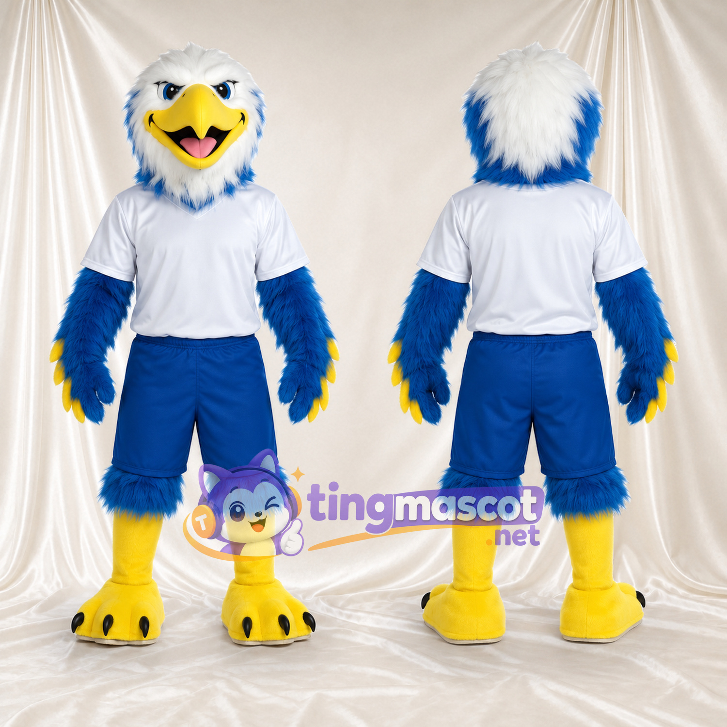 Costume de mascotte Pygargue à tête blanche – bleu – Maillot de sport (blanc); Short (bleu) Costume de mascotte Pygargue à tête blanche – bleu – Maillot de sport (blanc); Short (bleu)
