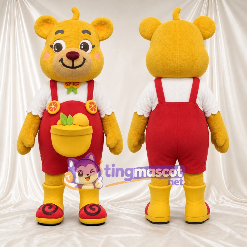 Golden Bear Mascot Costume - Red Overalls and Fruit Pocket