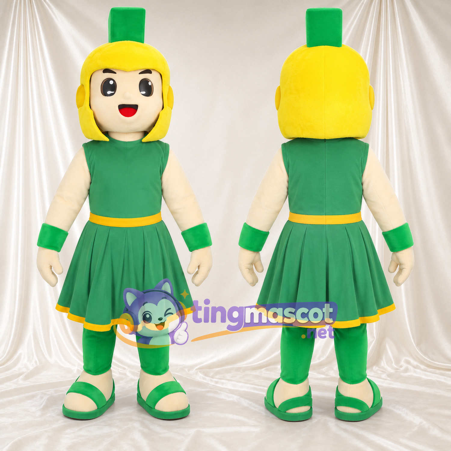 Costume de mascotte Guerrier – selon la photo – Robe (vert); Casque (jaune) Costume de mascotte Guerrier – selon la photo – Robe (vert); Casque (jaune)