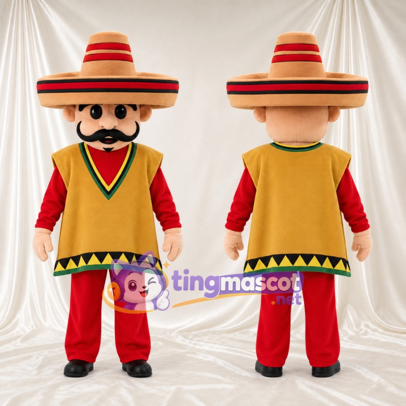 Maskottchenkostüm Figur mit Schnurrbart – wie abgebildet – Poncho (breit, goldfarben)