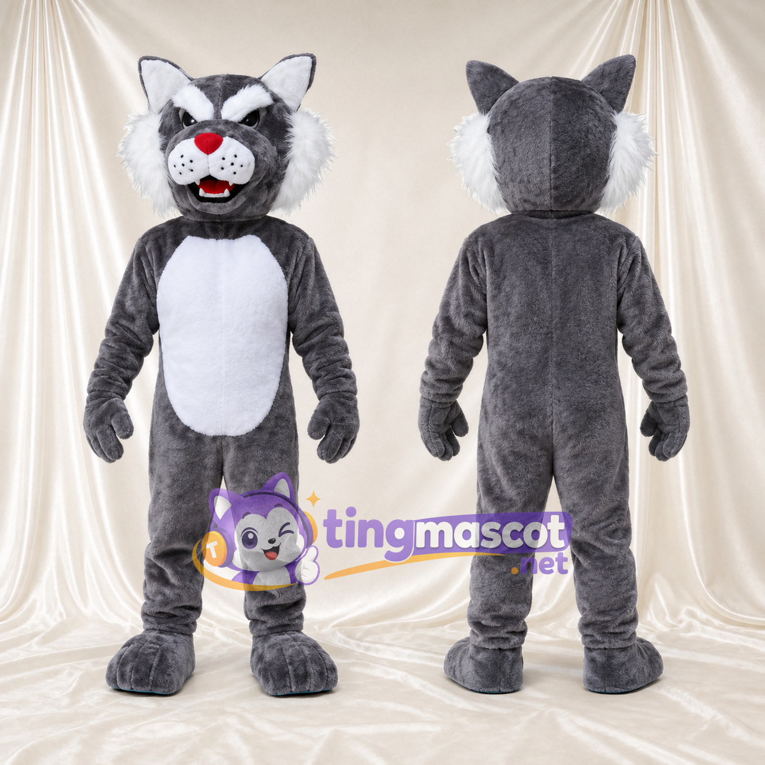 Costume de mascotte Chat sauvage – gris – Nez (rouge); Ventre (blanc) Costume de mascotte Chat sauvage – gris – Nez (rouge); Ventre (blanc)