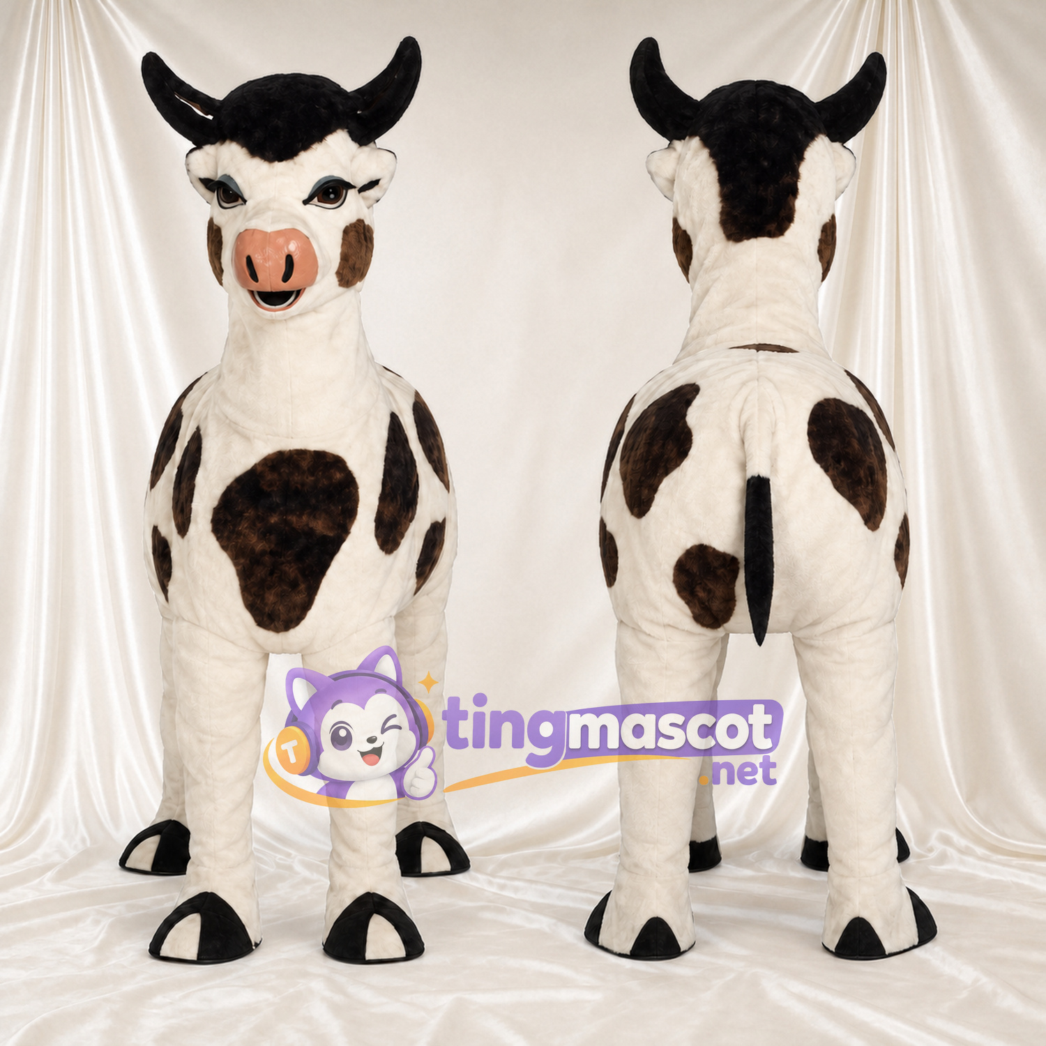 Black and White Bull Mascot Costume - Long Curved Horns and Pink Snout Black and White Bull Mascot Costume - Long Curved Horns and Pink Snout