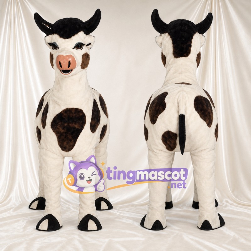 Black and White Bull Mascot Costume - Long Curved Horns and Pink Snout