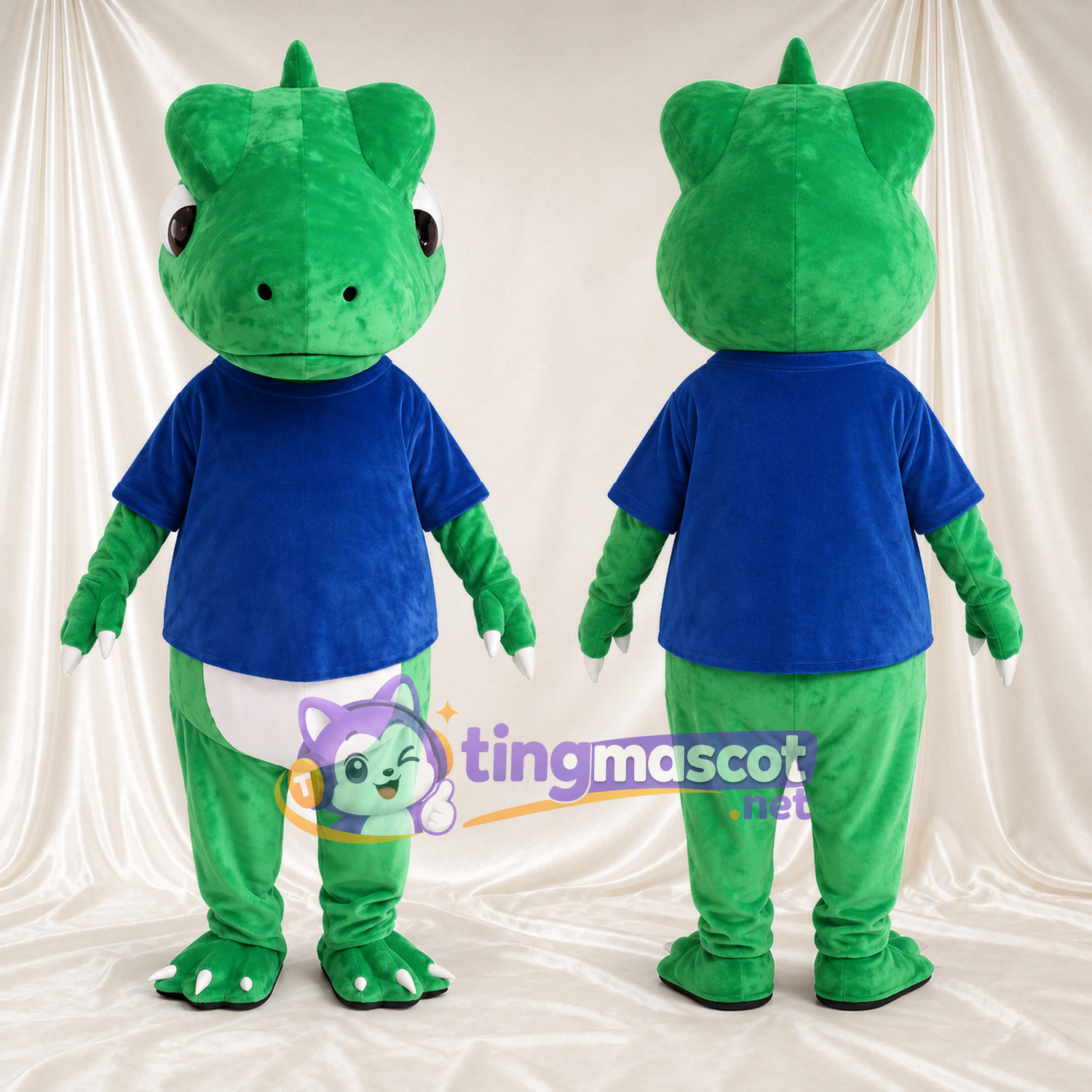Costume de mascotte Dinosaure – vert – T-shirt (bleu); Ventre (blanc) Costume de mascotte Dinosaure – vert – T-shirt (bleu); Ventre (blanc)