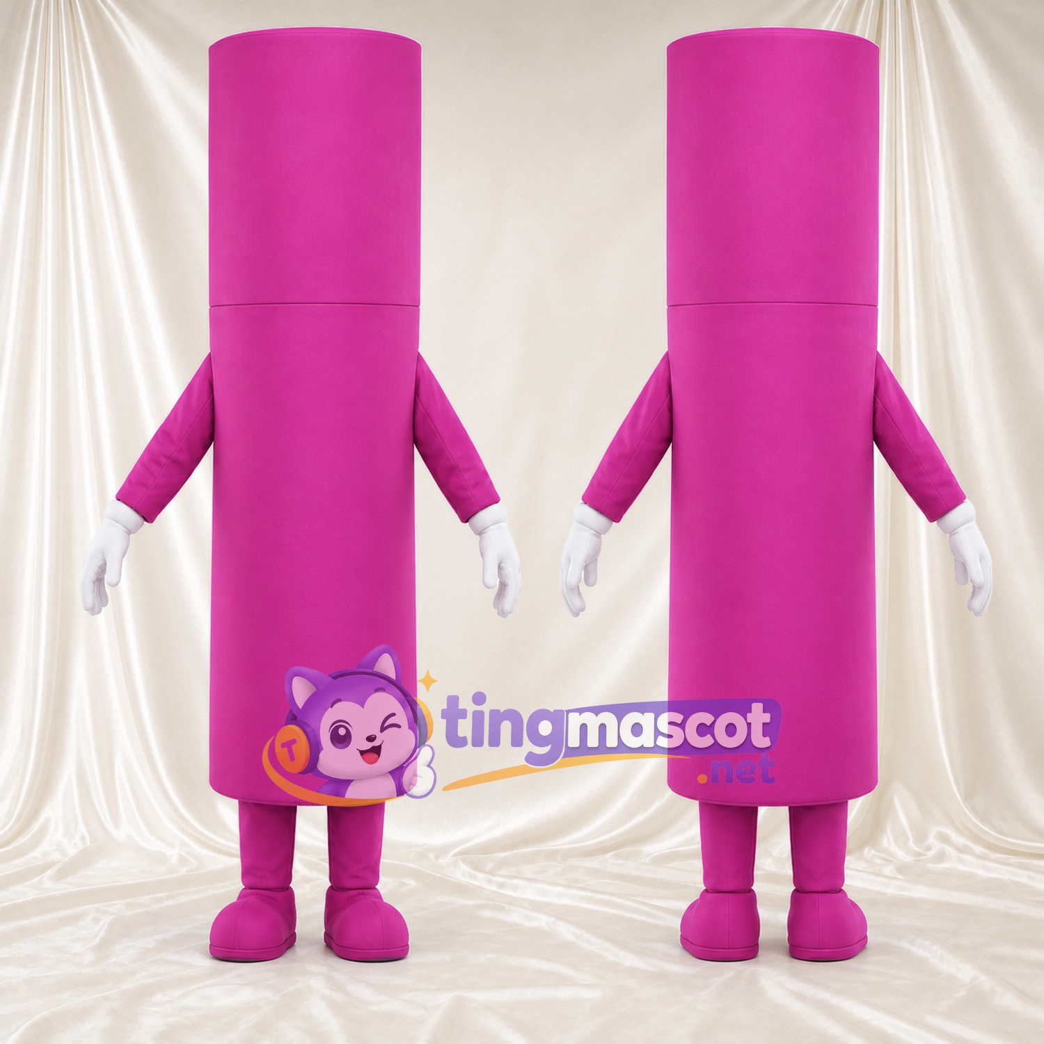 Pink Cosmetic Tube Mascot Costume - Tall Cylindrical Body and White Gloves Pink Cosmetic Tube Mascot Costume - Tall Cylindrical Body and White Gloves