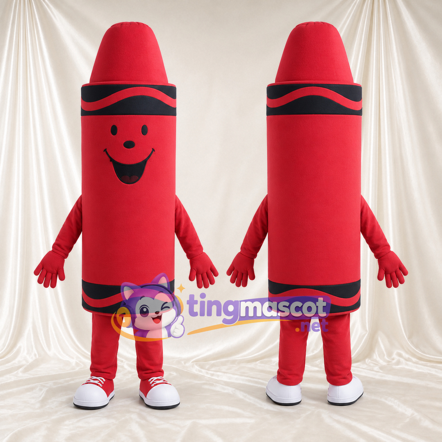 Costume de mascotte Crayon de cire – rouge – Visage souriant (noir) Costume de mascotte Crayon de cire – rouge – Visage souriant (noir)