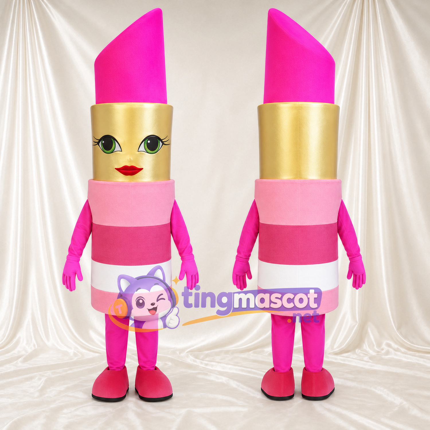 Pink Lipstick Mascot Costume - Gold Face and Striped Tube Pink Lipstick Mascot Costume - Gold Face and Striped Tube