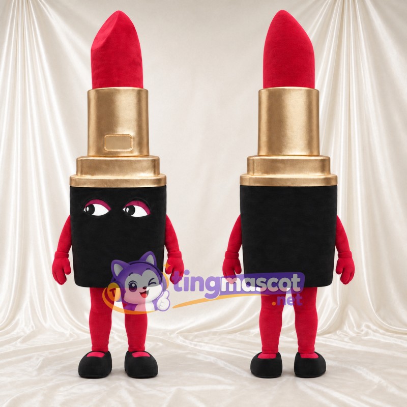 Maskottchenkostüm Lippenstift – rot – Gesicht (goldfarben, schwarz)