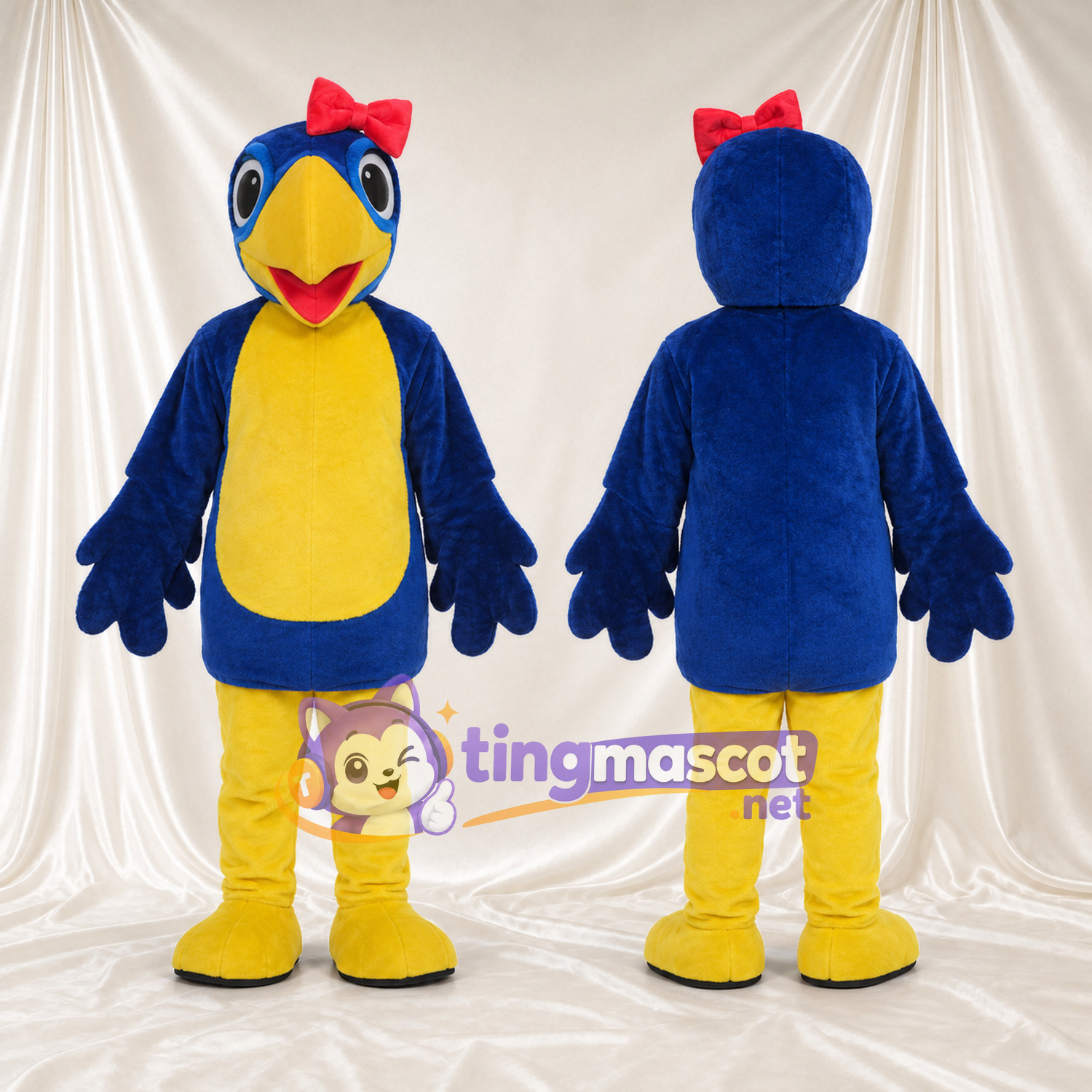 Costume de mascotte Oiseau – bleu / jaune – Nœud sur la tête (rouge) Costume de mascotte Oiseau – bleu / jaune – Nœud sur la tête (rouge)