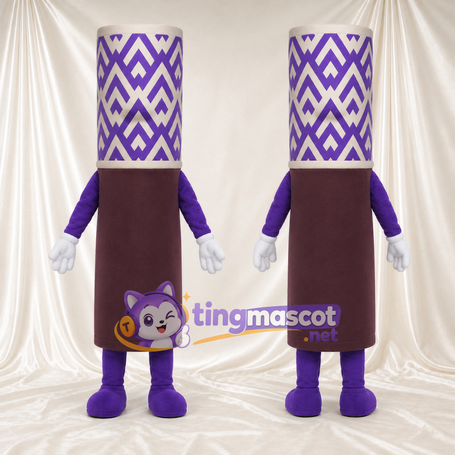 Purple Cosmetic Tube Mascot Costume - White Chevron Pattern Cap Purple Cosmetic Tube Mascot Costume - White Chevron Pattern Cap