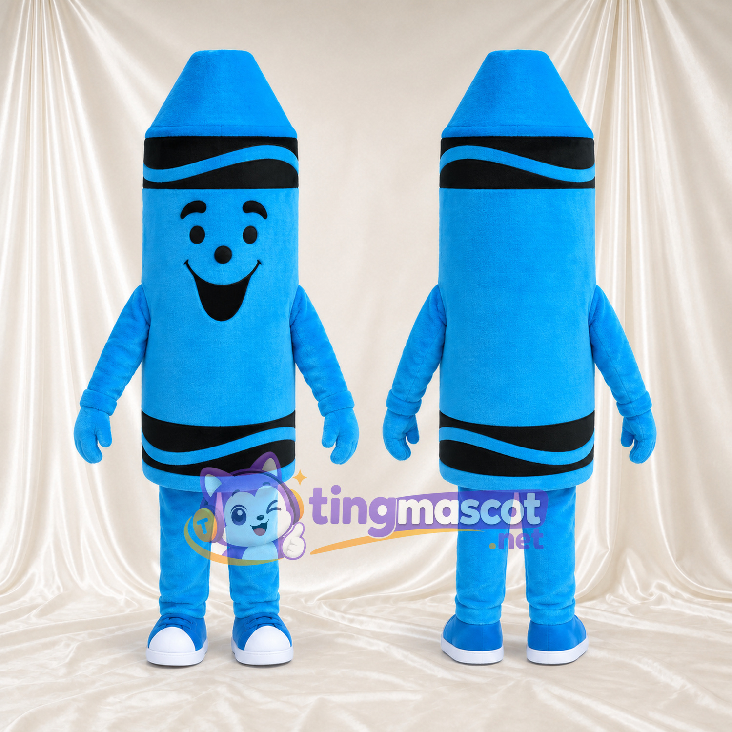 Costume de mascotte Crayon de cire – bleu – Visage souriant (noir) Costume de mascotte Crayon de cire – bleu – Visage souriant (noir)